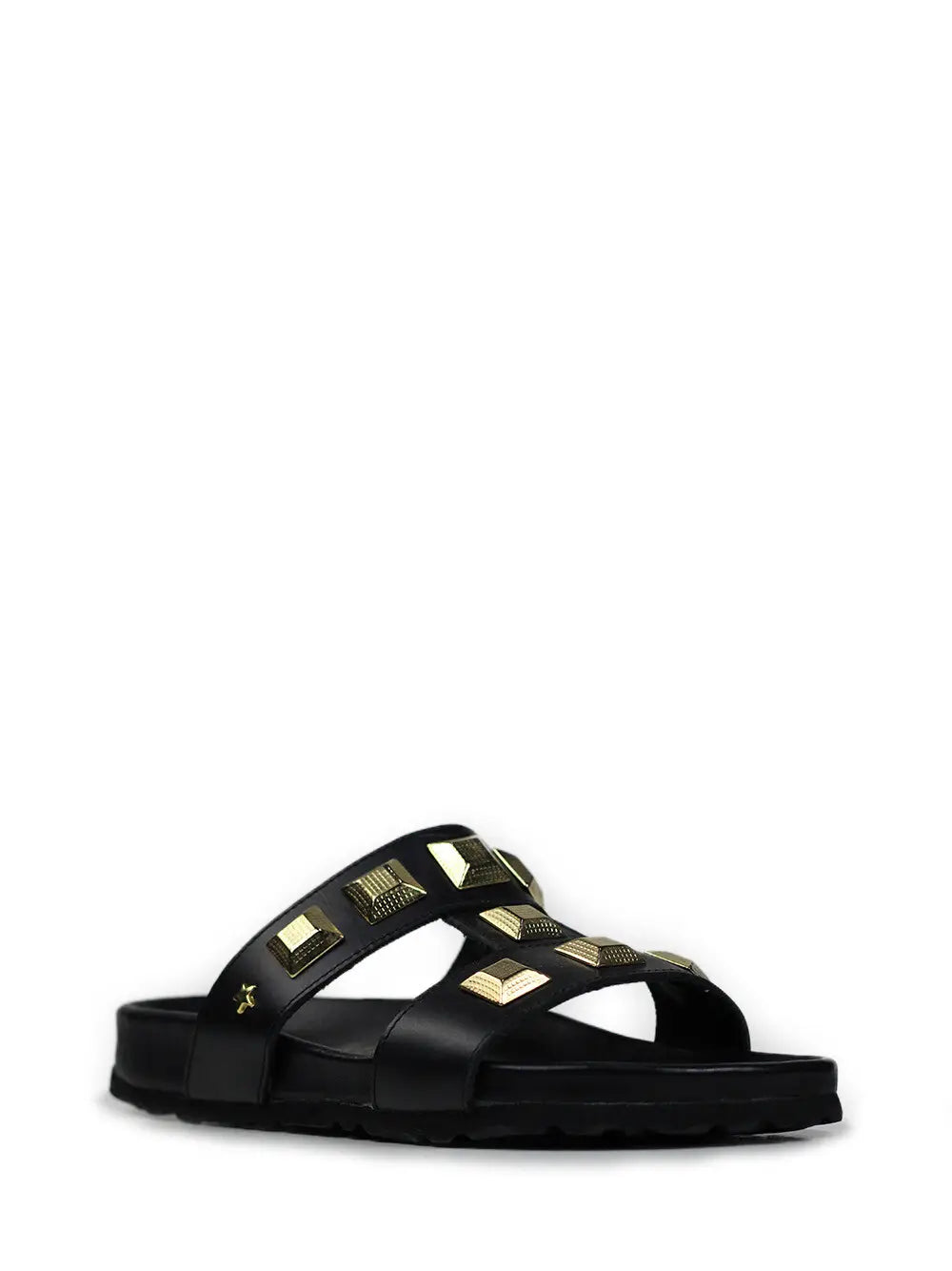 Lucia Sandal in Black Leather with Gold Appliqués
