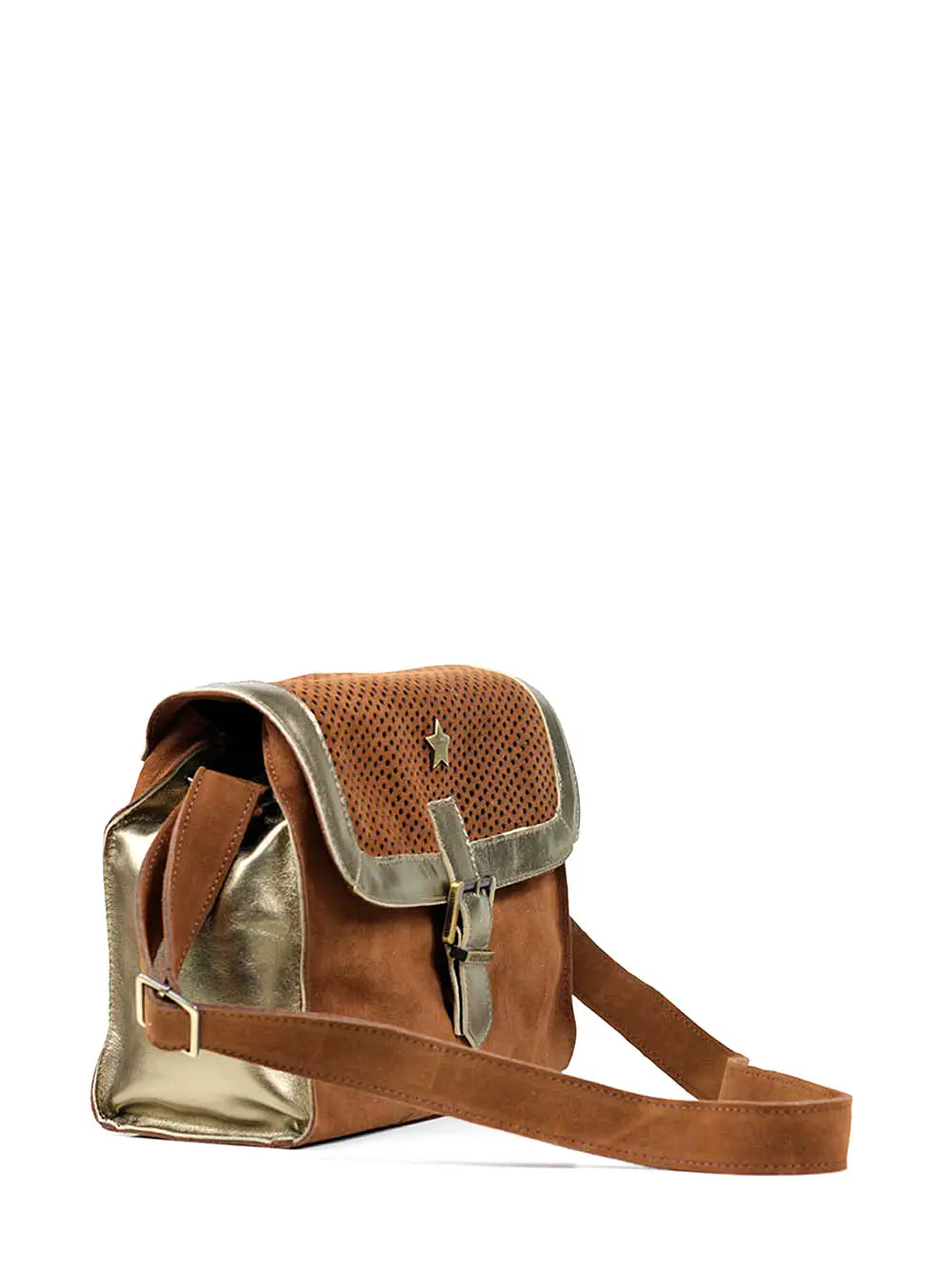 Brown Suede and Gold Leather Bag with Shoulder Strap