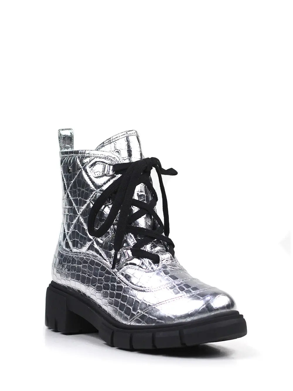 Silberner Lederstiefel mit Traktorsohle