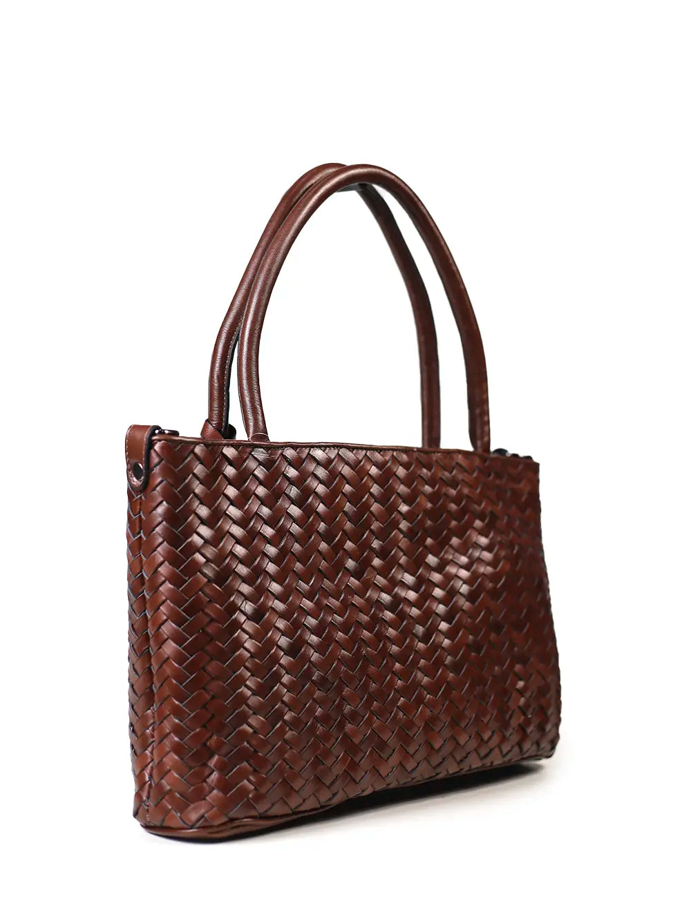 Sac Midi en Cuir Marron Tressé