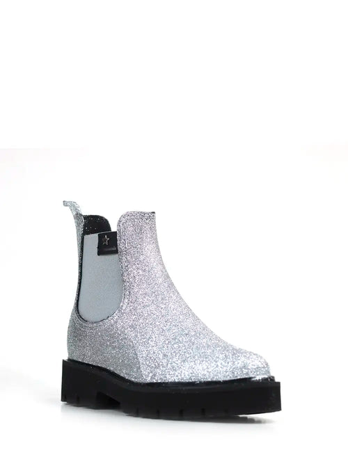 Zilveren PVC overschoenen met glitters