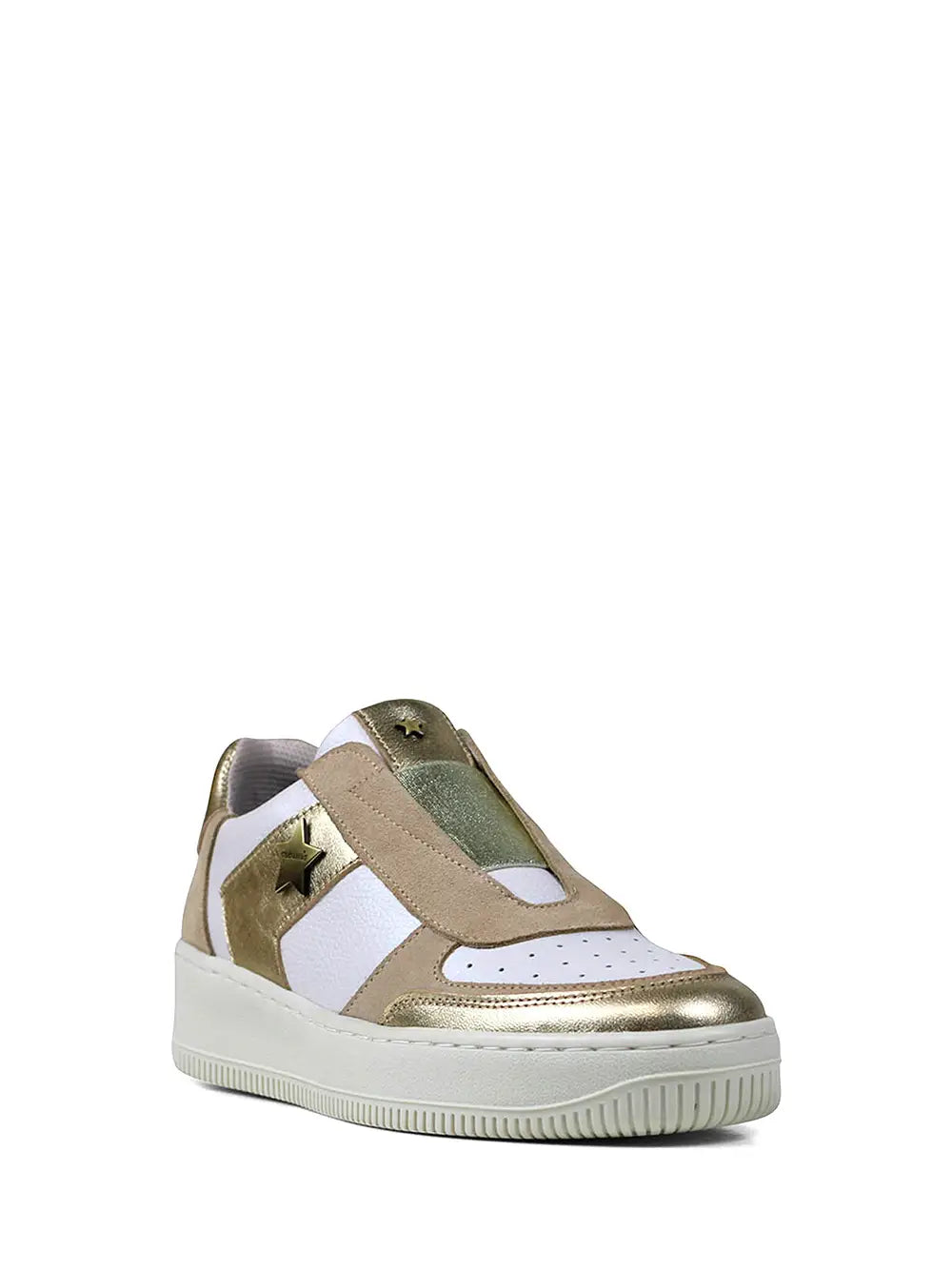 Zapatillas de Cuero Dorado y Blanco con Suela Plana