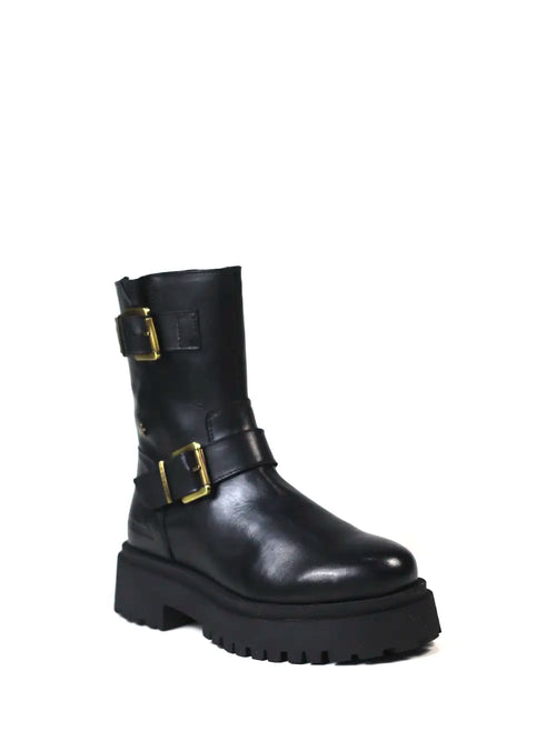 Schwarzer Lederstiefel mit Schnallen