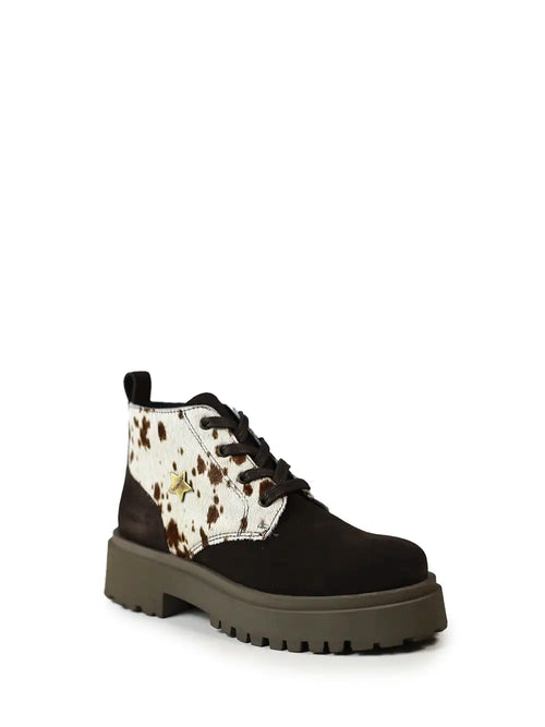 Braune Stiefel aus Wildleder und Kuh-Animal-Print