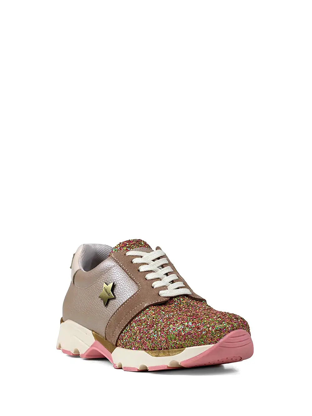 Zapatillas en Piel Beige Metalizada y Detalle de Purpurina