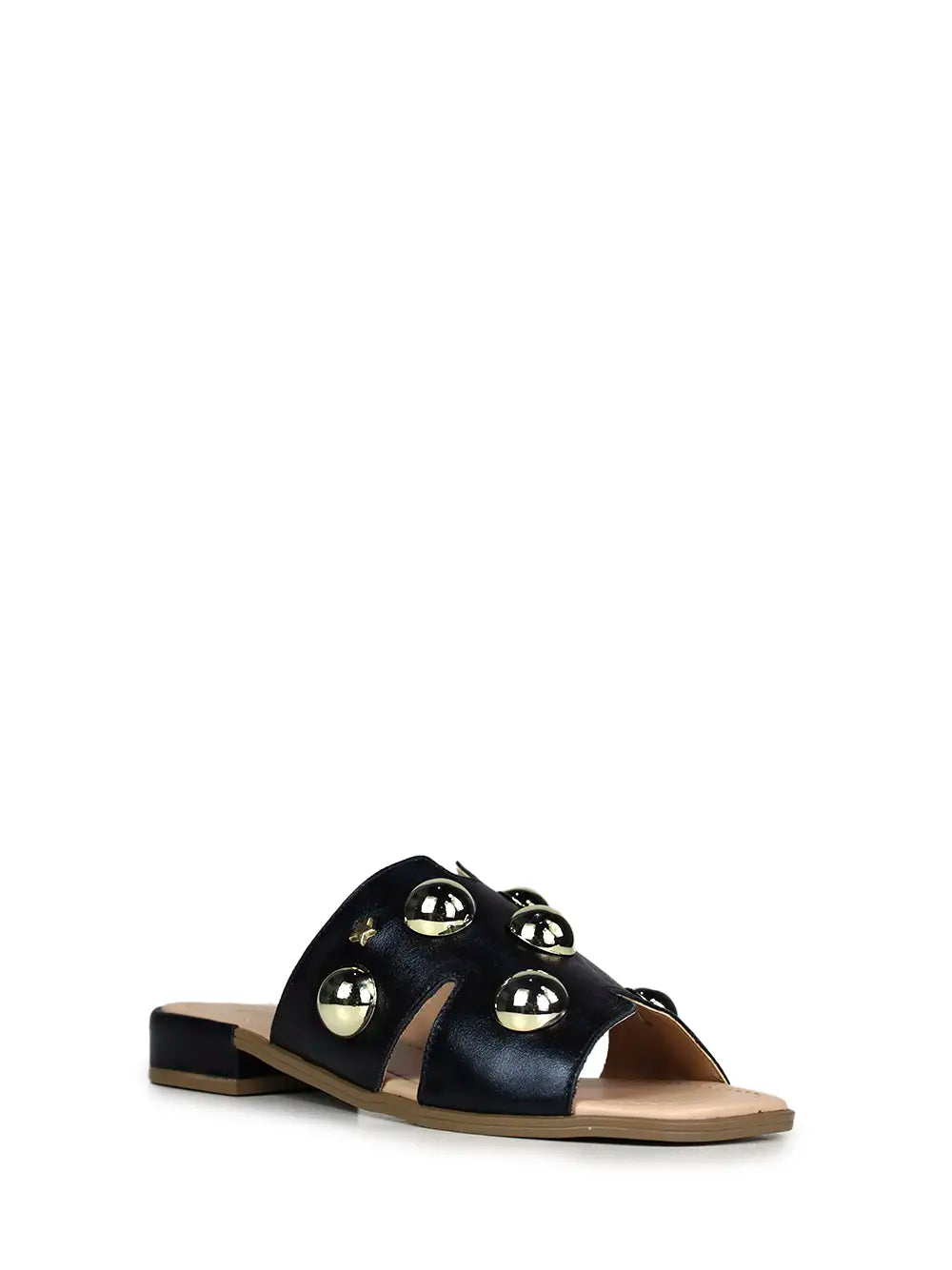 Sandália Preta em Pele e Tachas Redondas