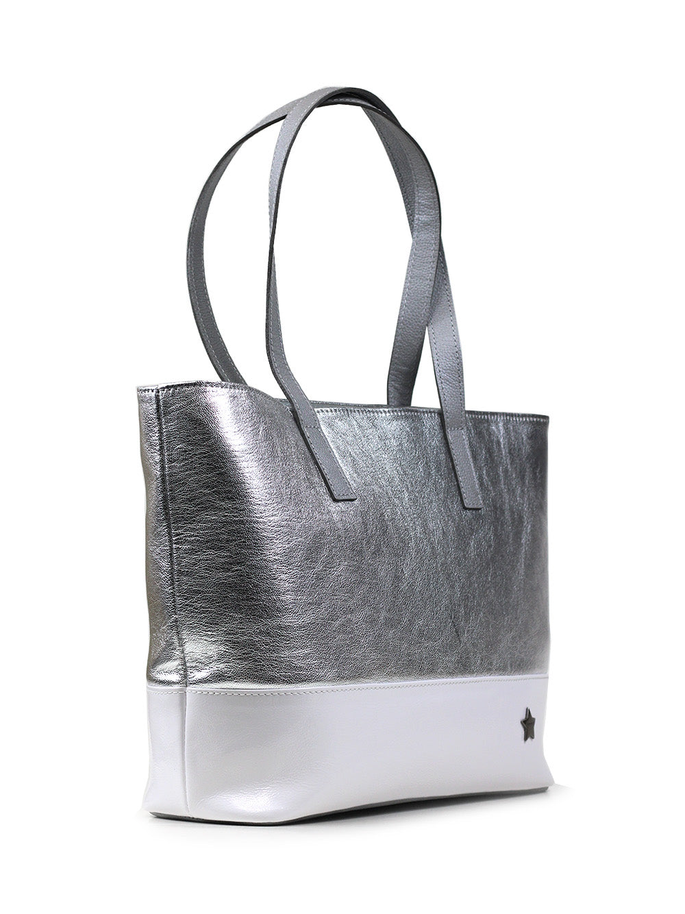 Bolso Shopper en Piel Metalizada Plateada