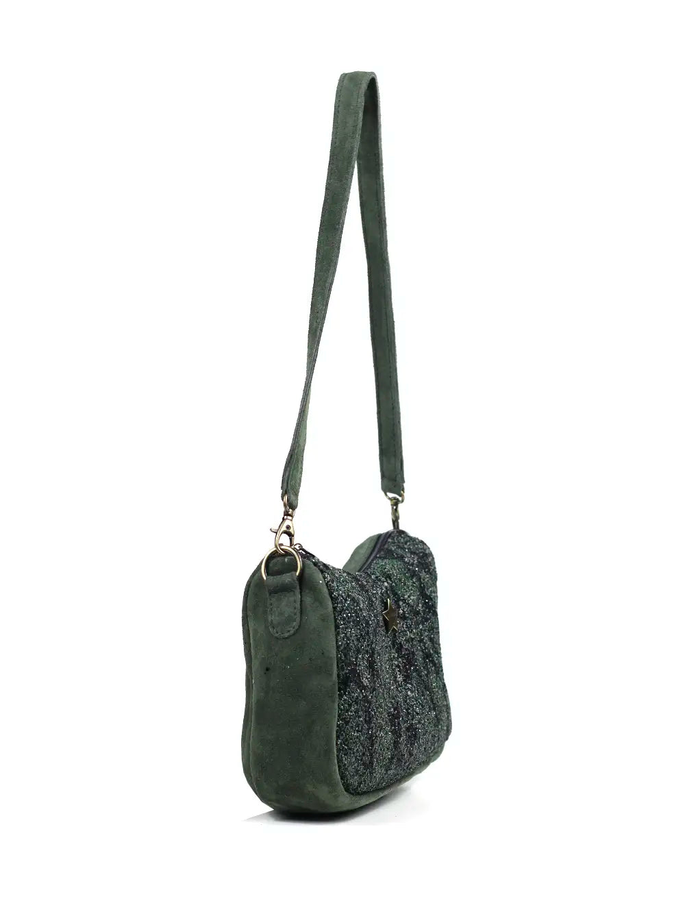 Mochila pequeña de ante verde y purpurina