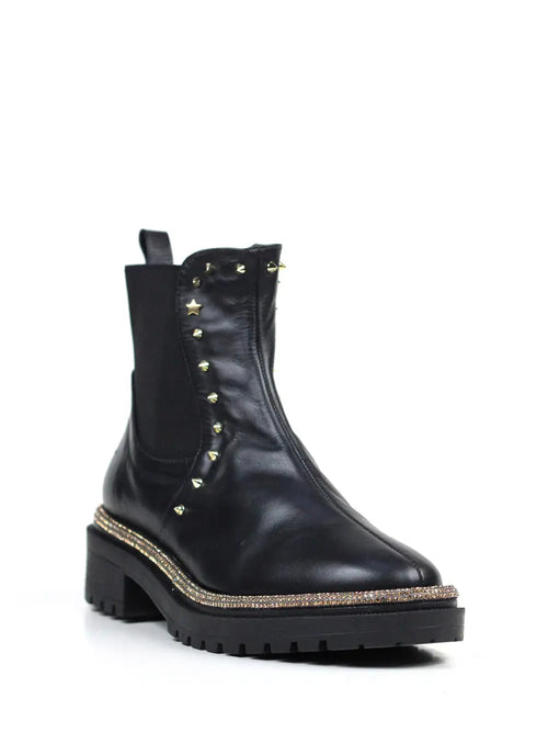 Schwarzer Lederstiefel mit goldenen Details