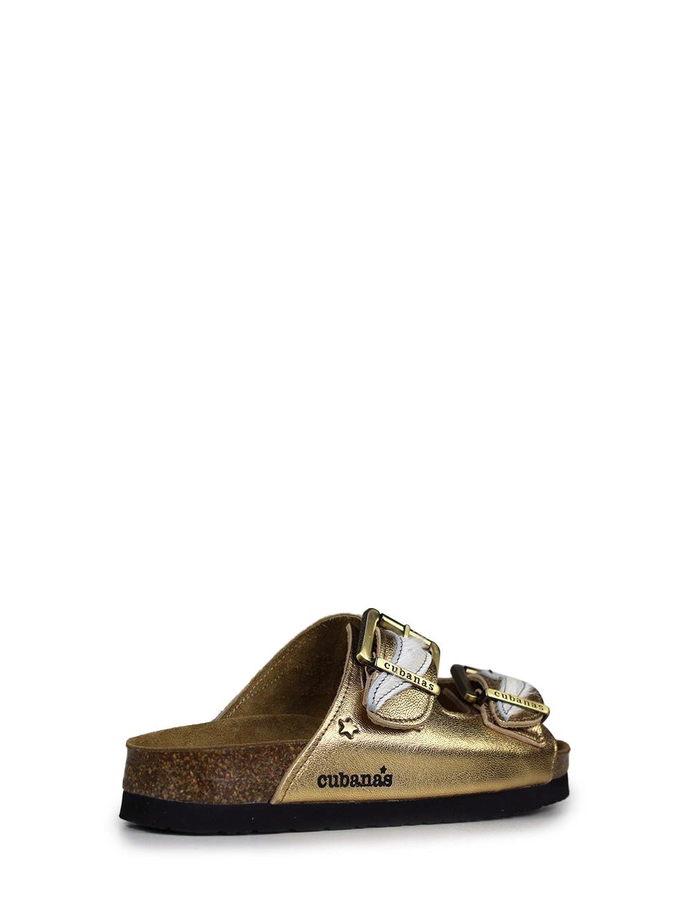 Sandale Amália aus goldenem Leder und Fell
