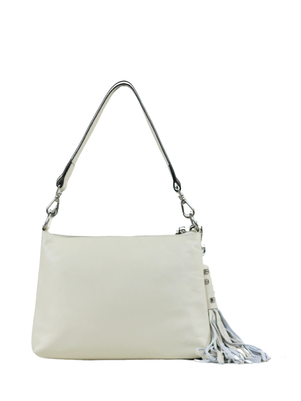 Bolso de piel blanca con detalles de flecos