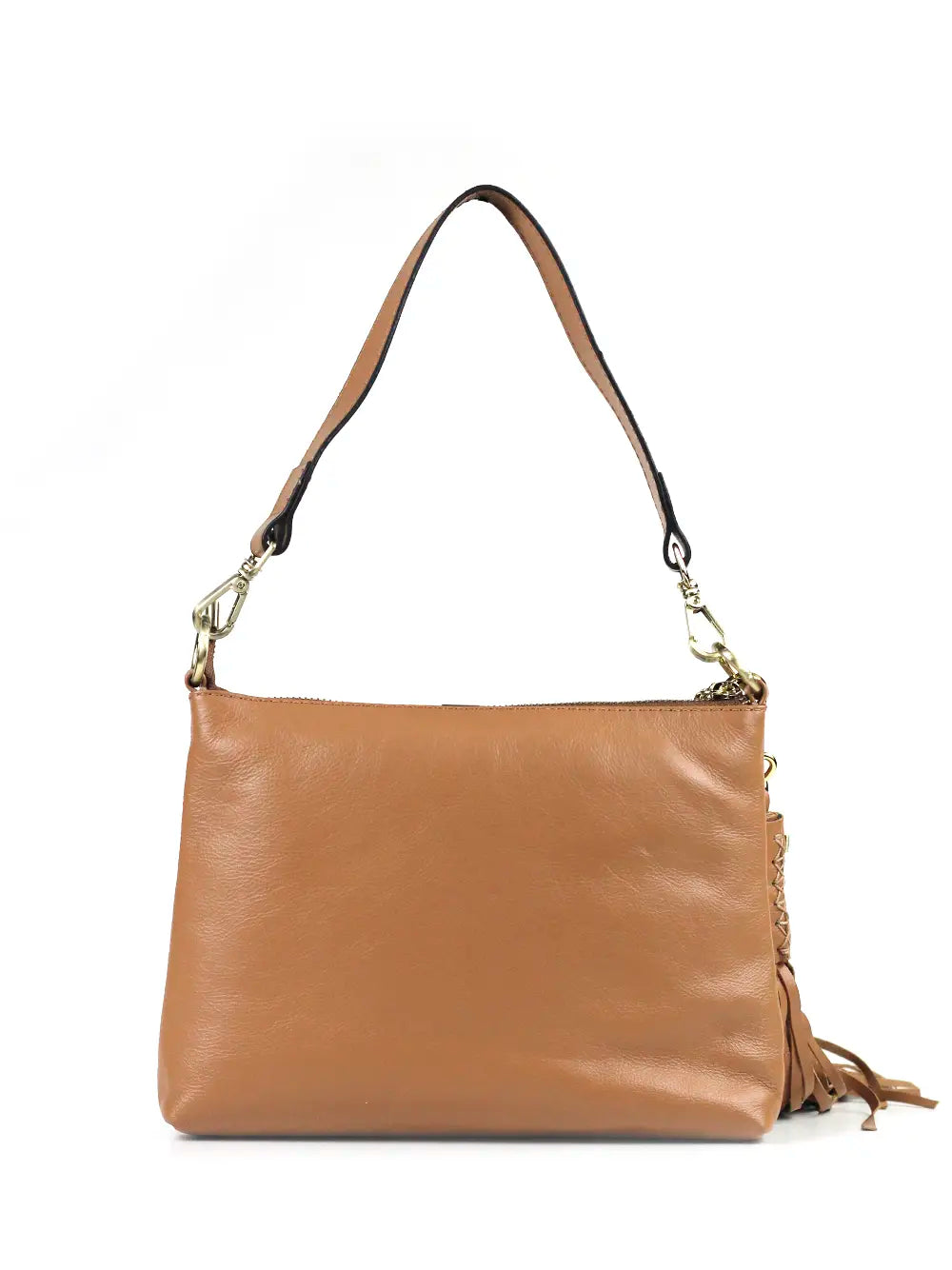 Camel leather bag with fringe detail