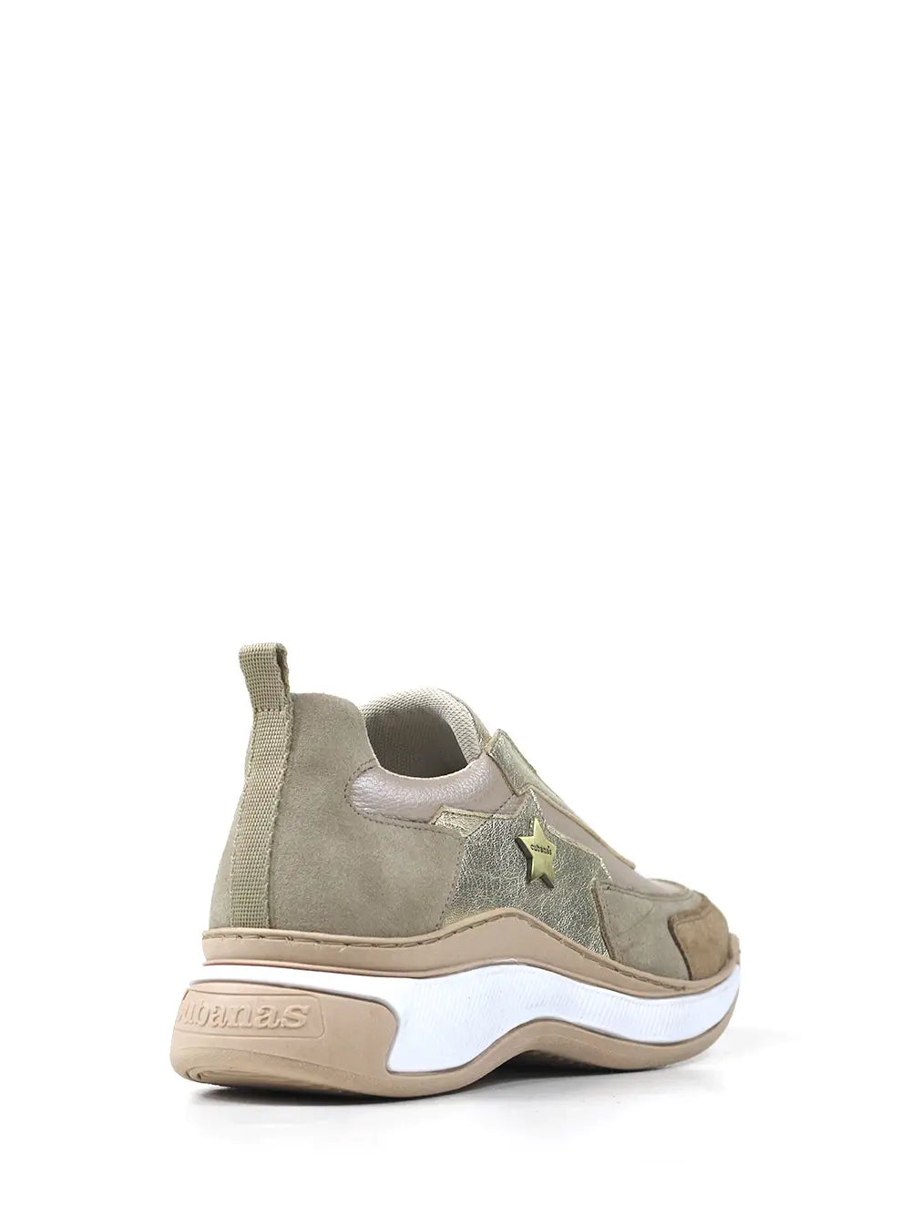 Beige Suede Sneakers with Gold Elastic and Chunky Sole