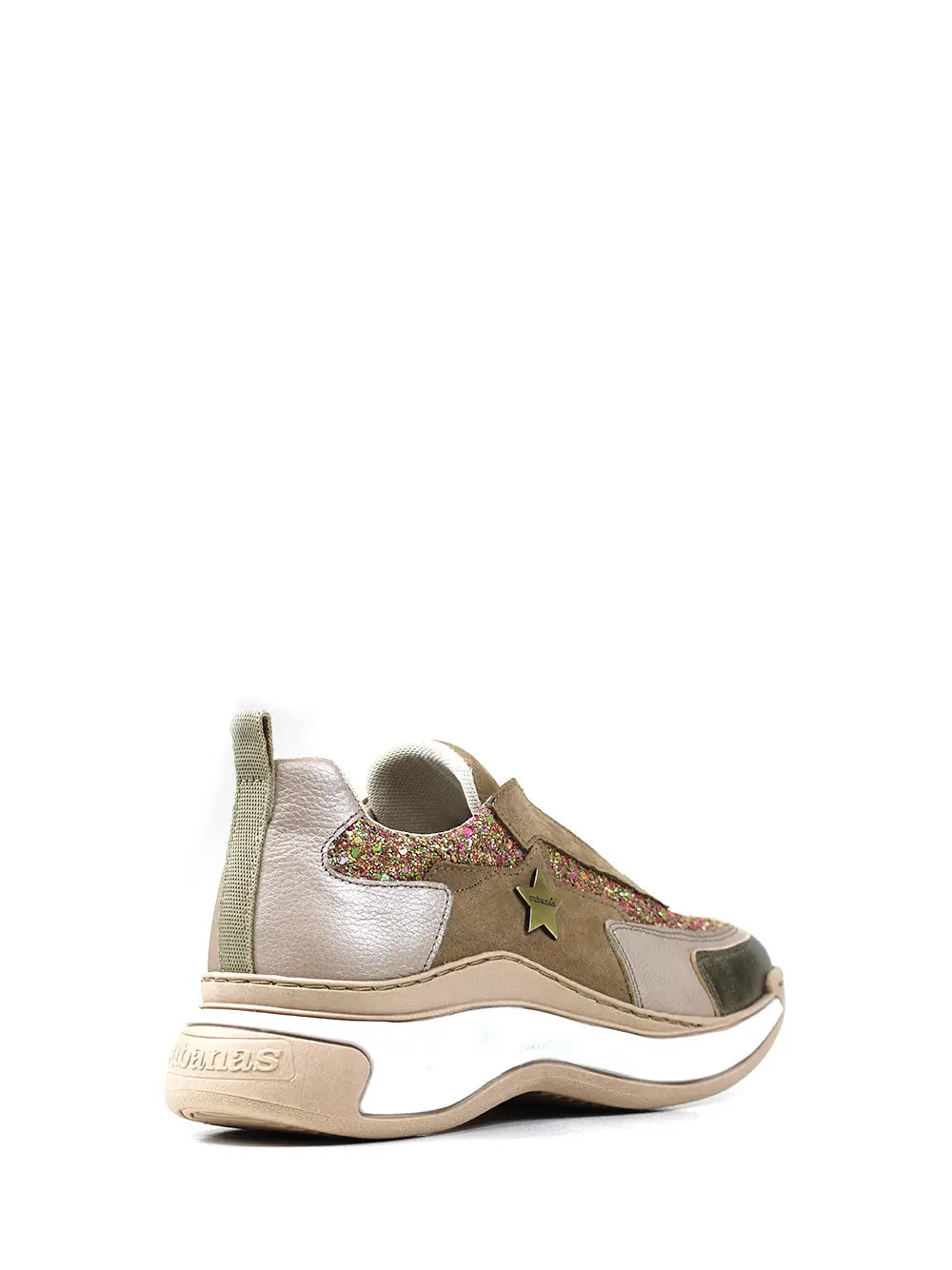 Zapatillas de Piel Beige con Glitter y Suela Voluminosa