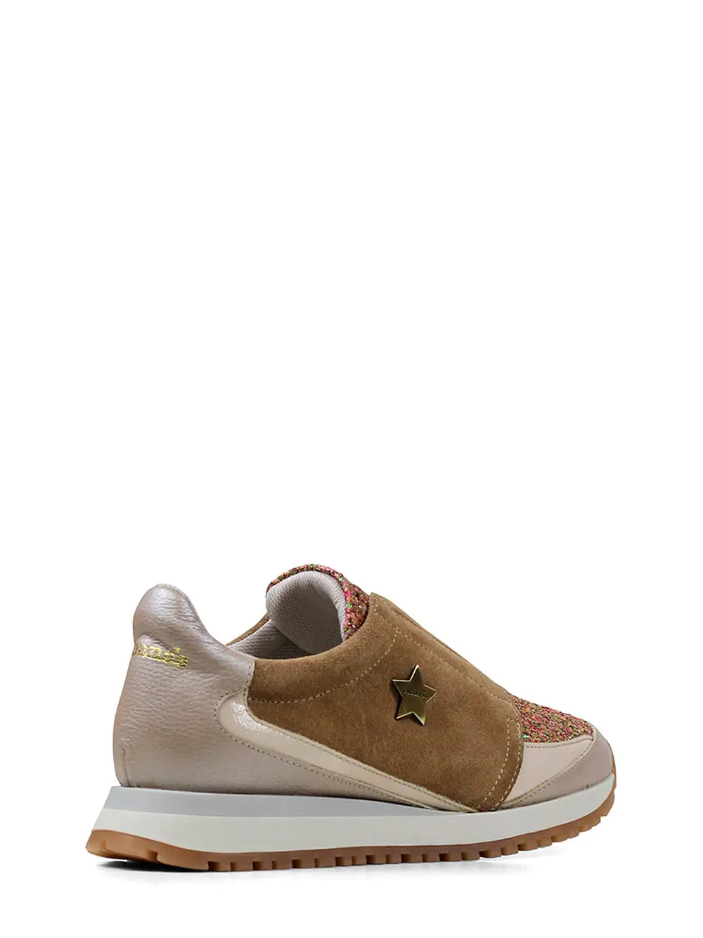 Beige Leather Sneakers with Camel Suede and Glitter