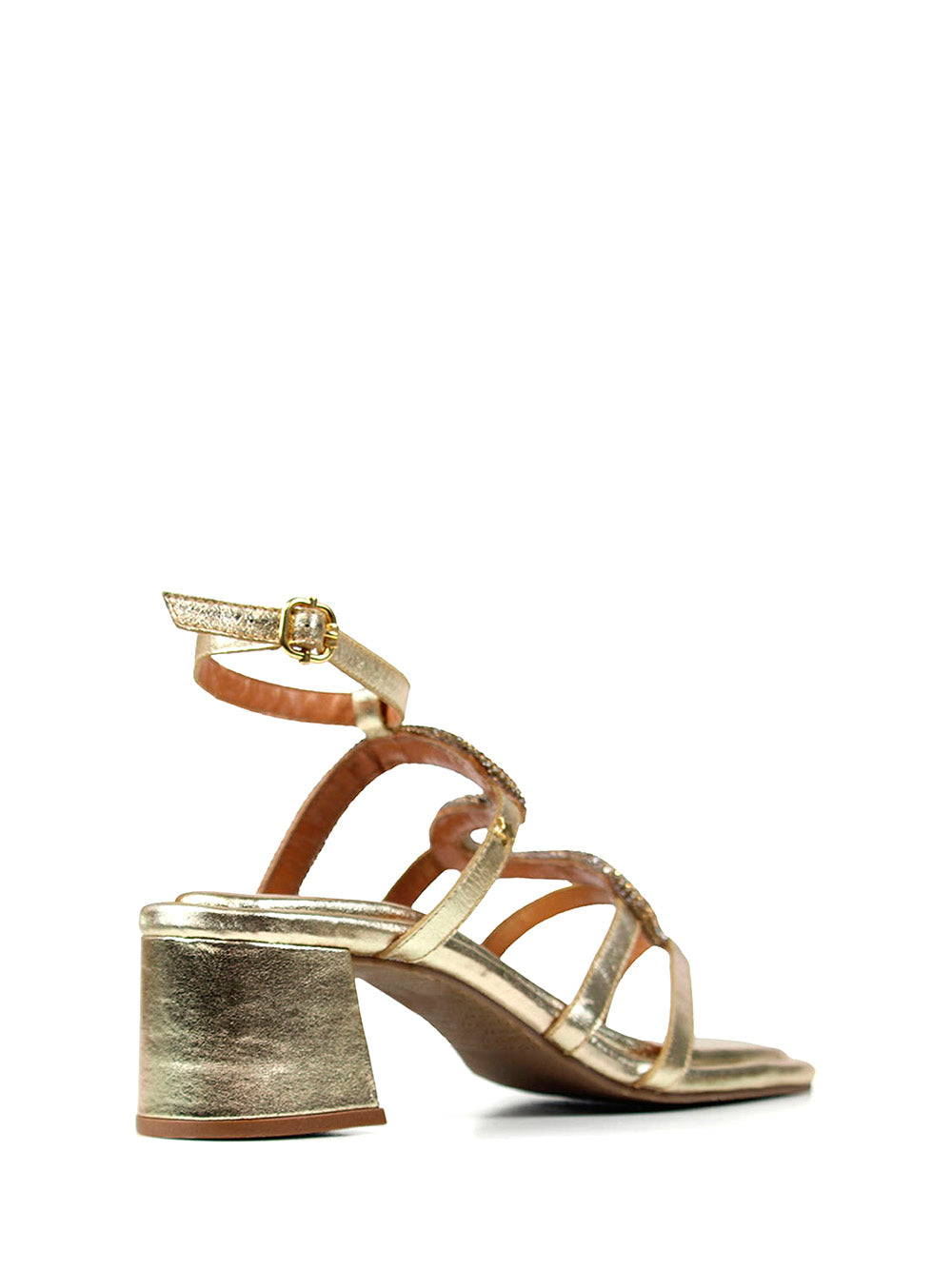 Gold Leather Strappy Sandals with Rhinestones