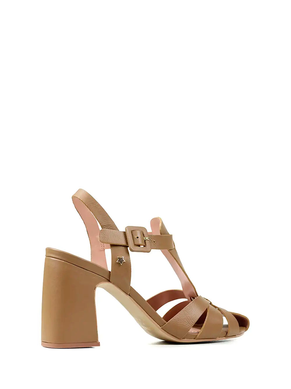 Beige Leather Sandals with Straps and Block Heels