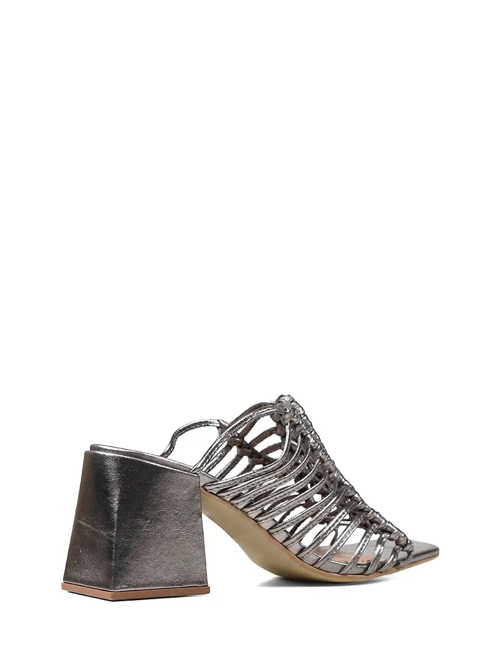 Silver Leather Sandals with Multiple Straps and Block Heel