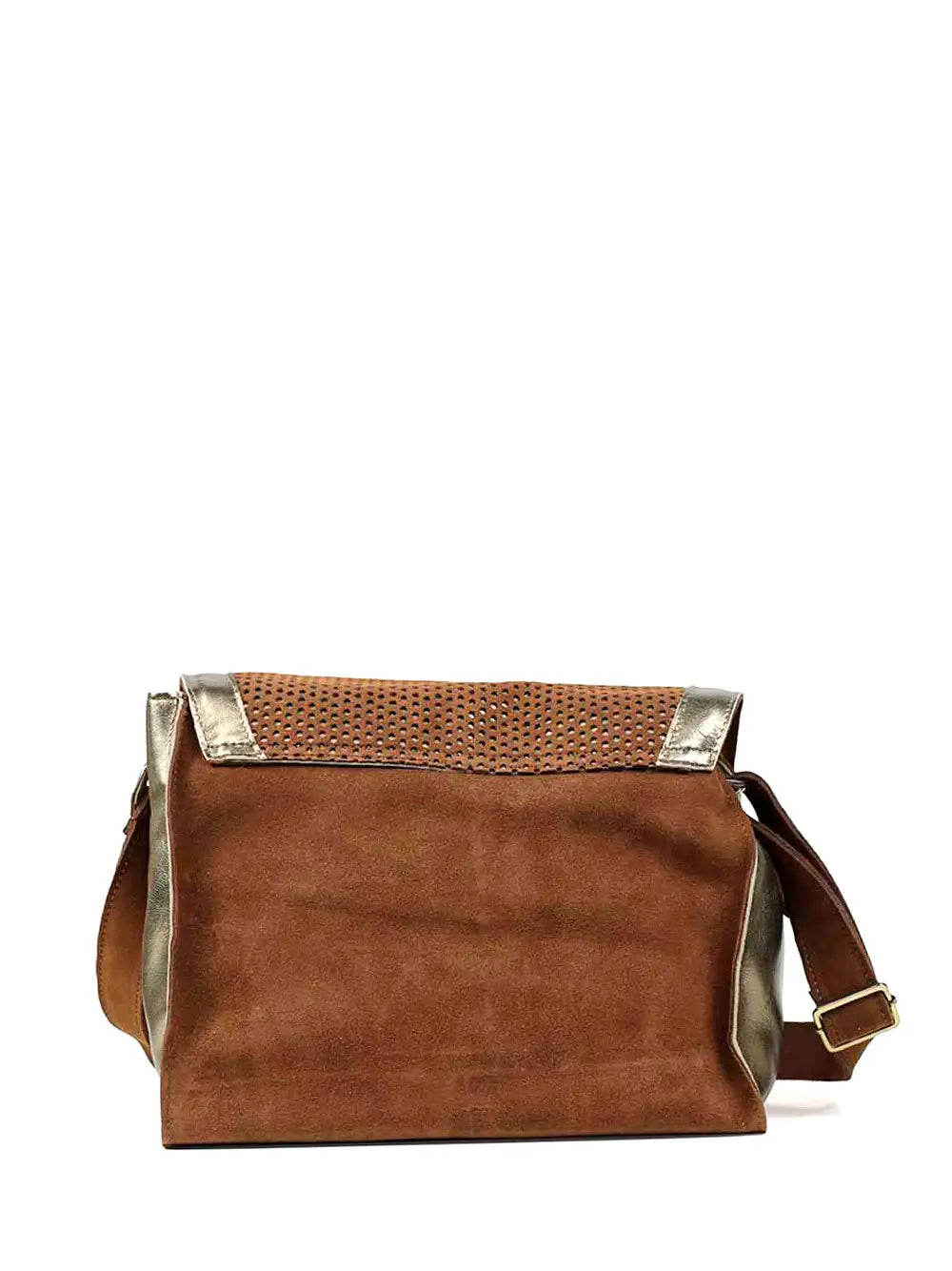 Brown Suede and Gold Leather Bag with Shoulder Strap