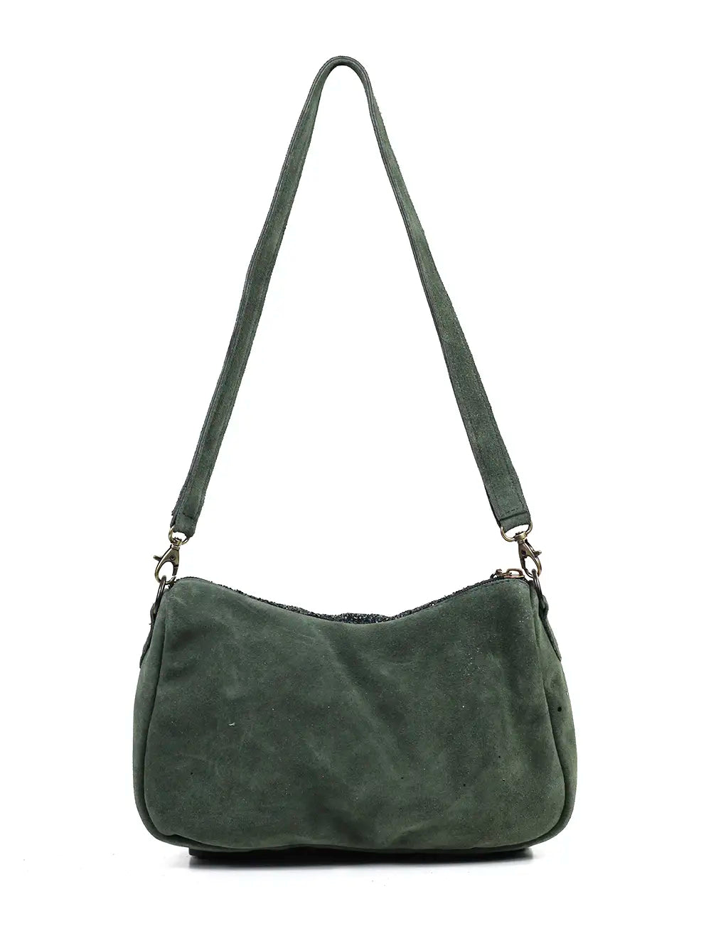 Mochila pequeña de ante verde y purpurina