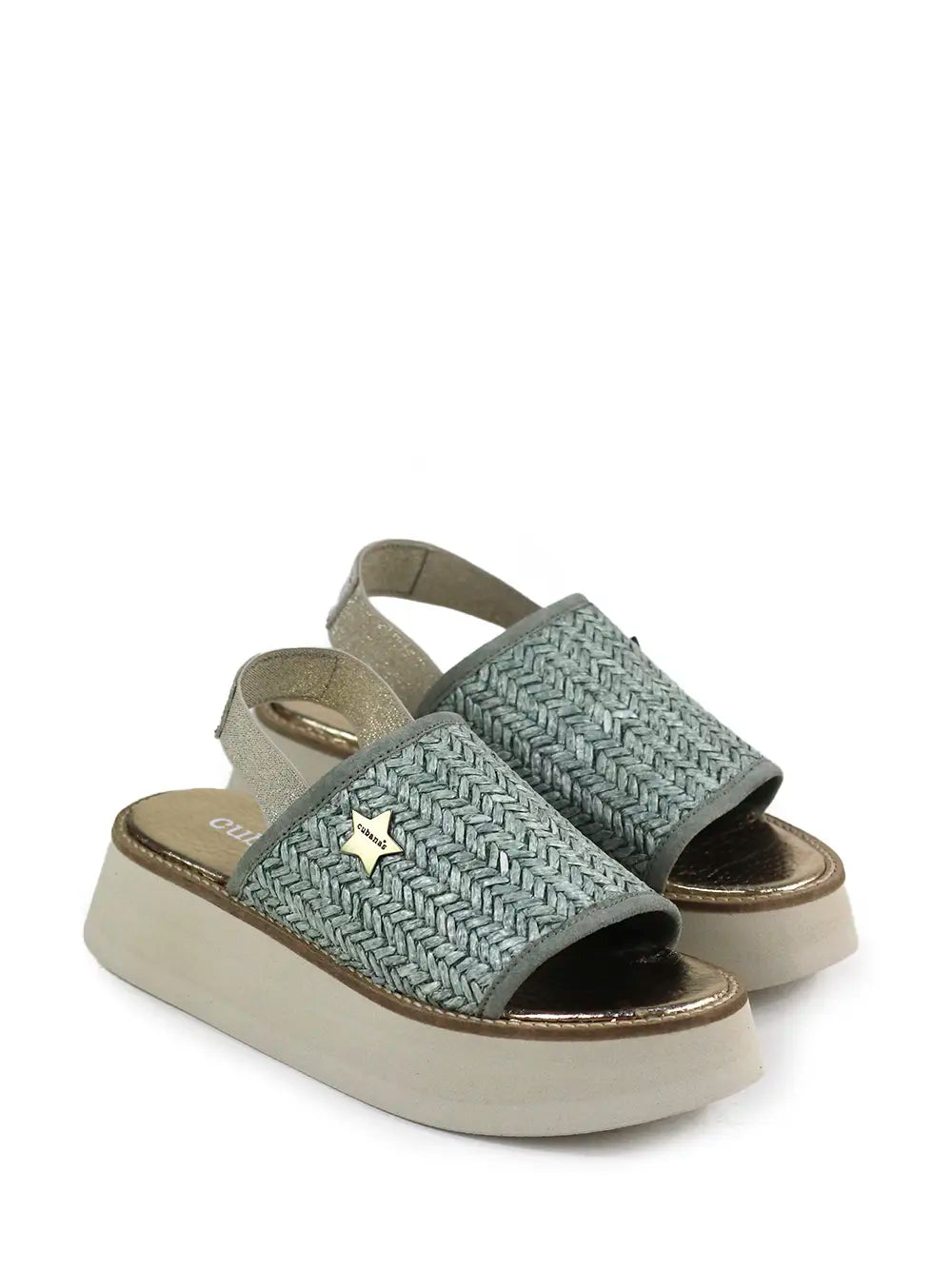 Platform Sandals with Straw Effect in Green