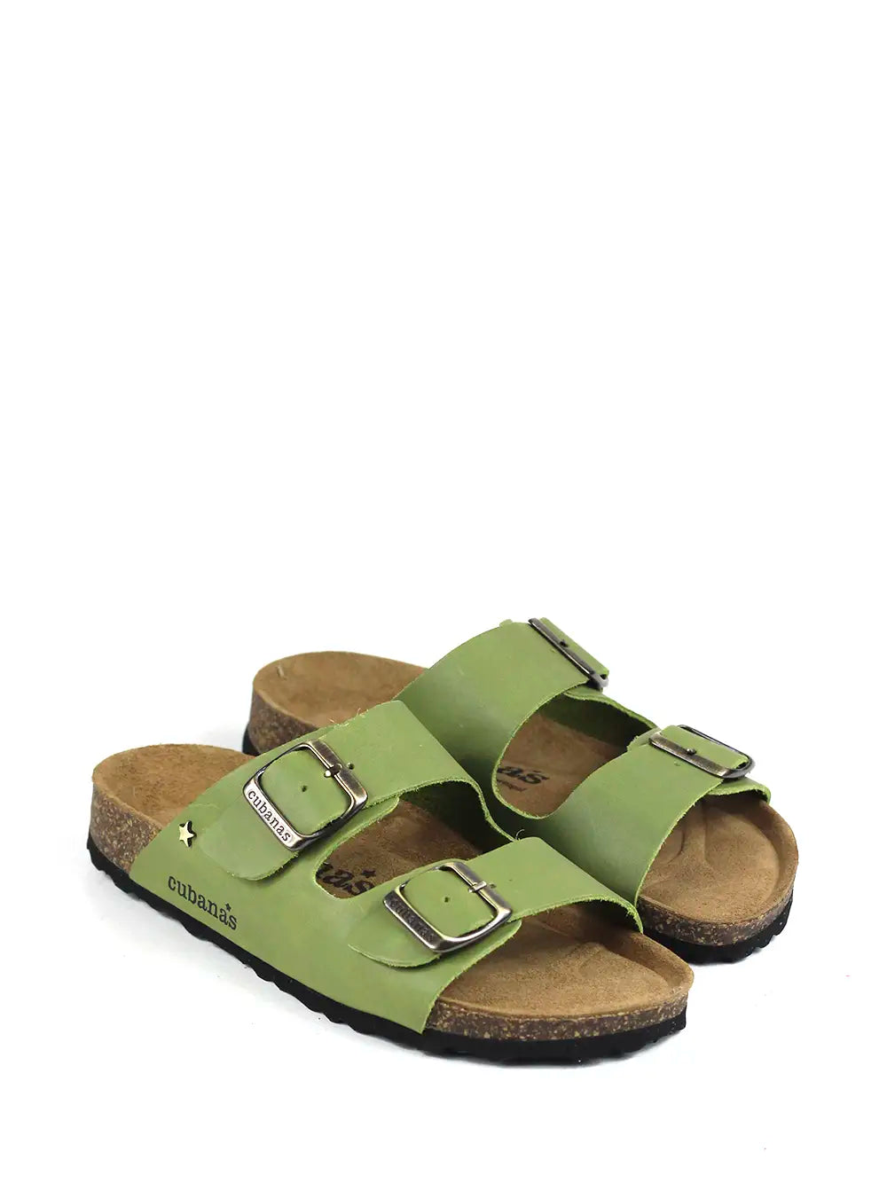 Amalia Green Leather Sandals with Two Straps