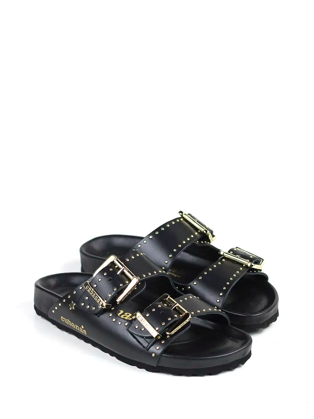 Amalia Sandals in Black Leather with Gold Studs