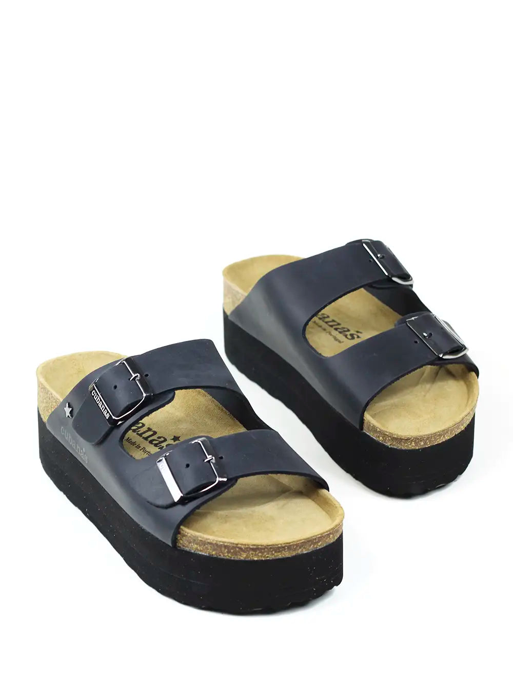 Sandália Amália Plataforma em Pele Preta e Duas Tiras