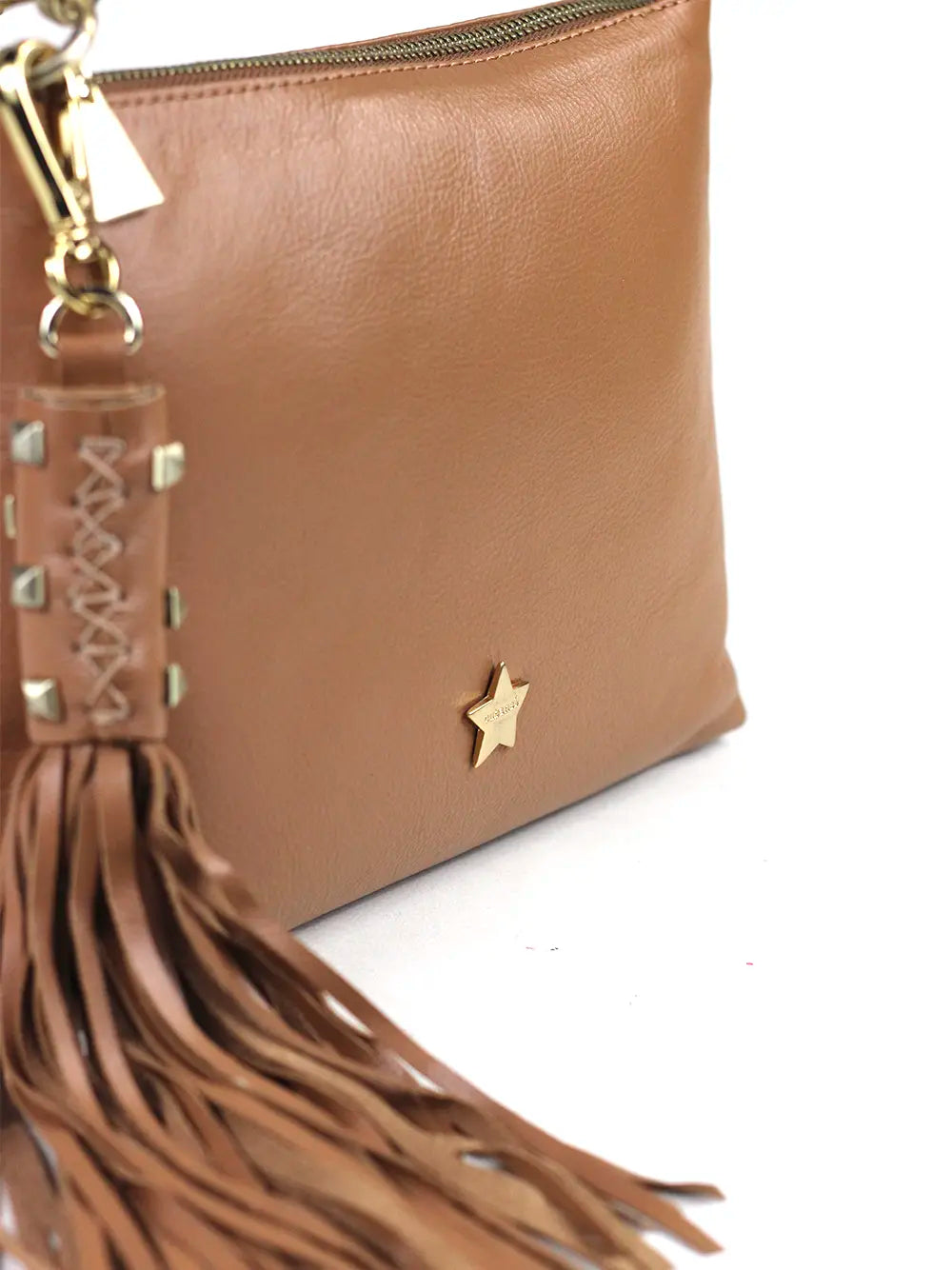 Camel leather bag with fringe detail