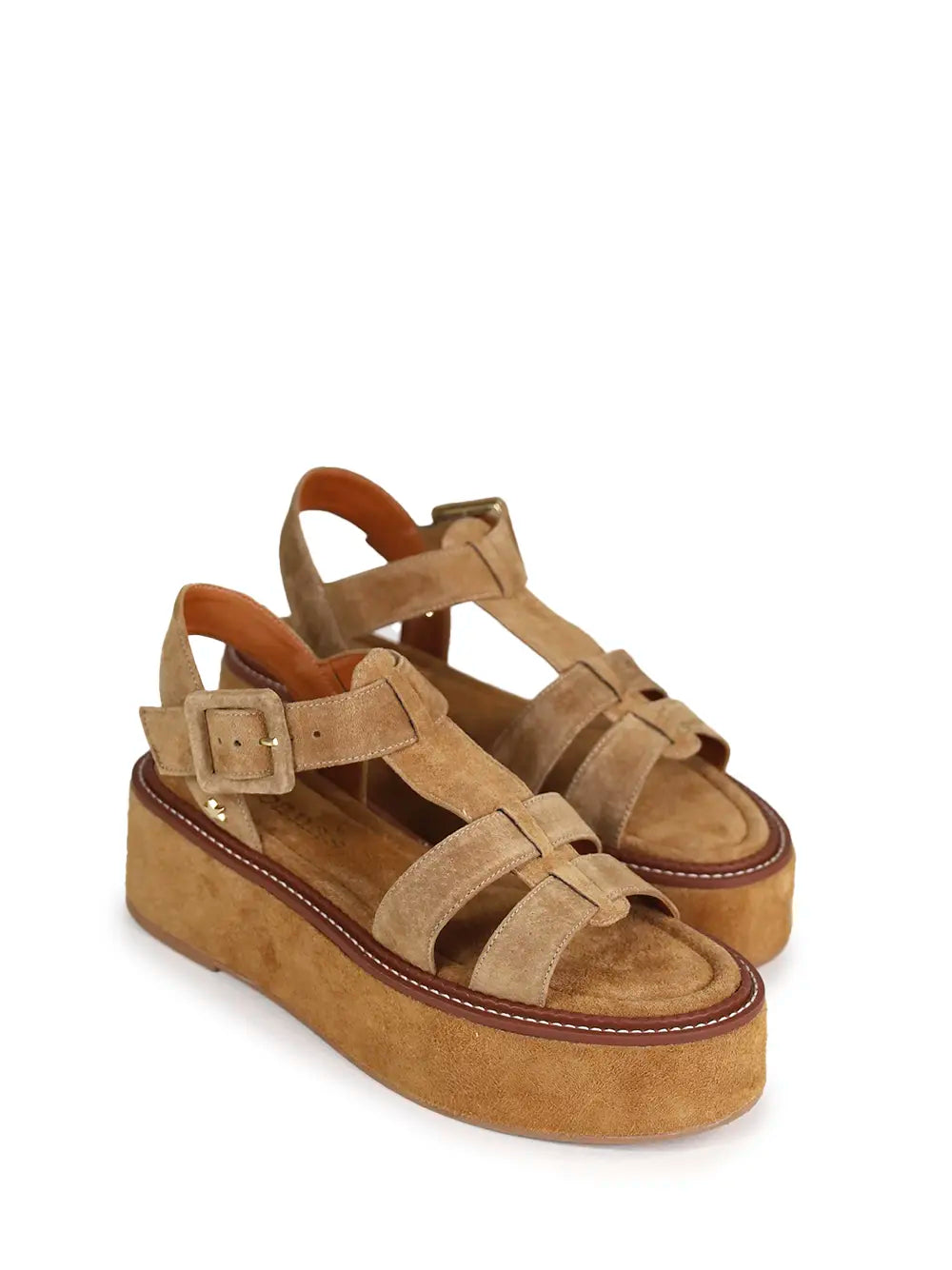 Sandália Plataforma em Camurça Beige e Tiras