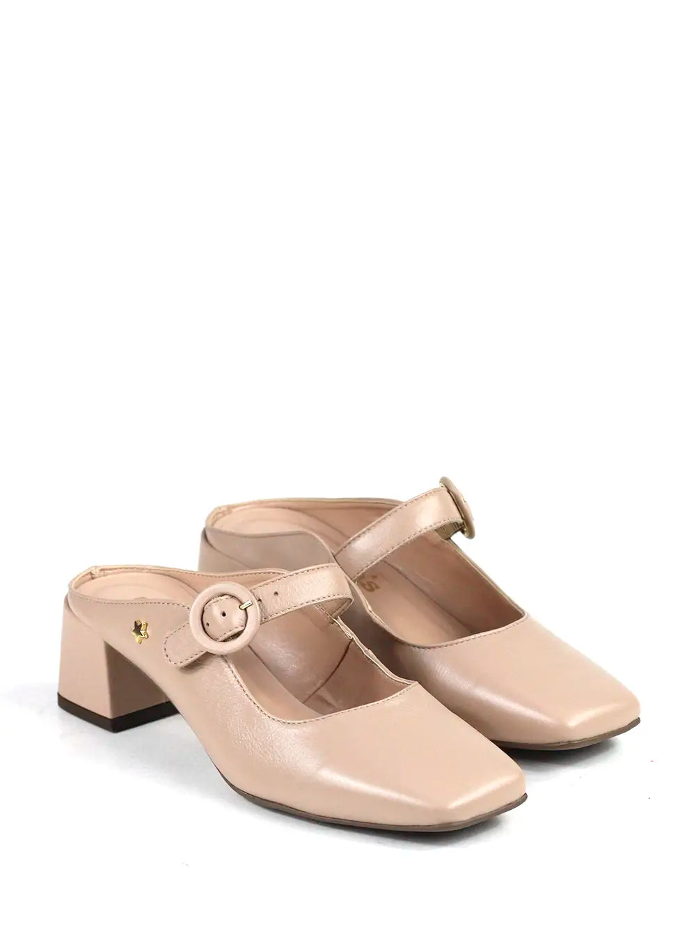 Pink leather mule with buckle closure