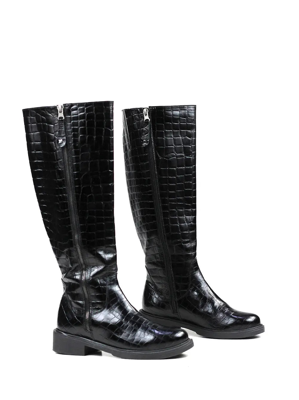 Bota Preta em Pele com Efeito Croco e Cano Alto