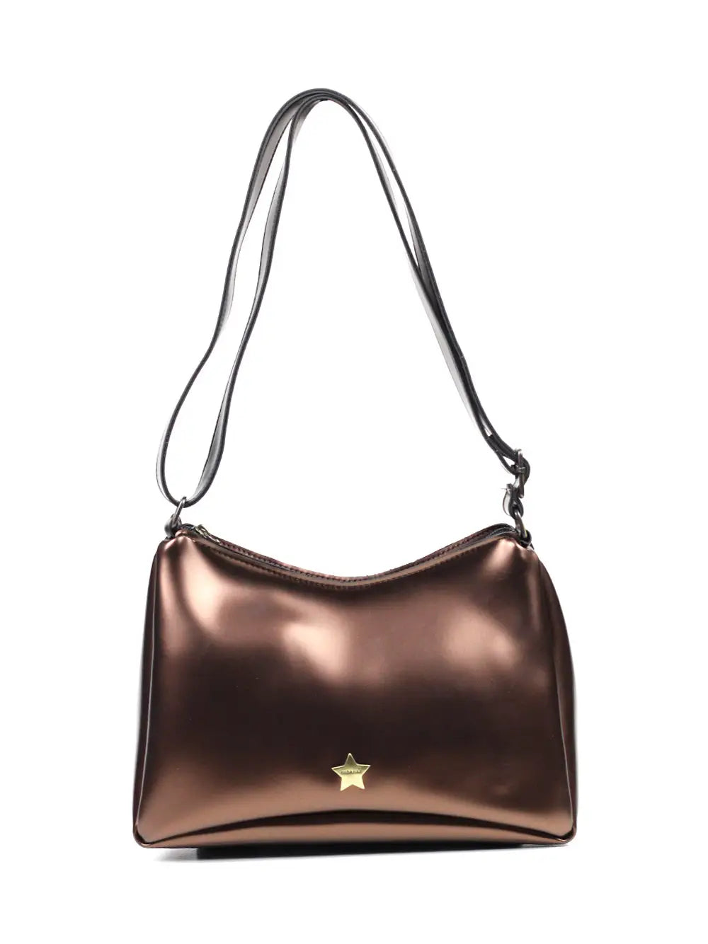 Brown Midi Bag in Metallic Leather with Shoulder Strap