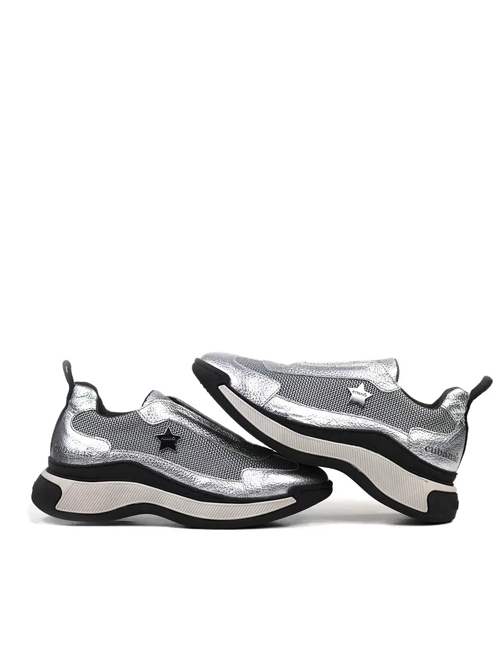 Metallic Silver Leather Sneakers with Chunky Sole