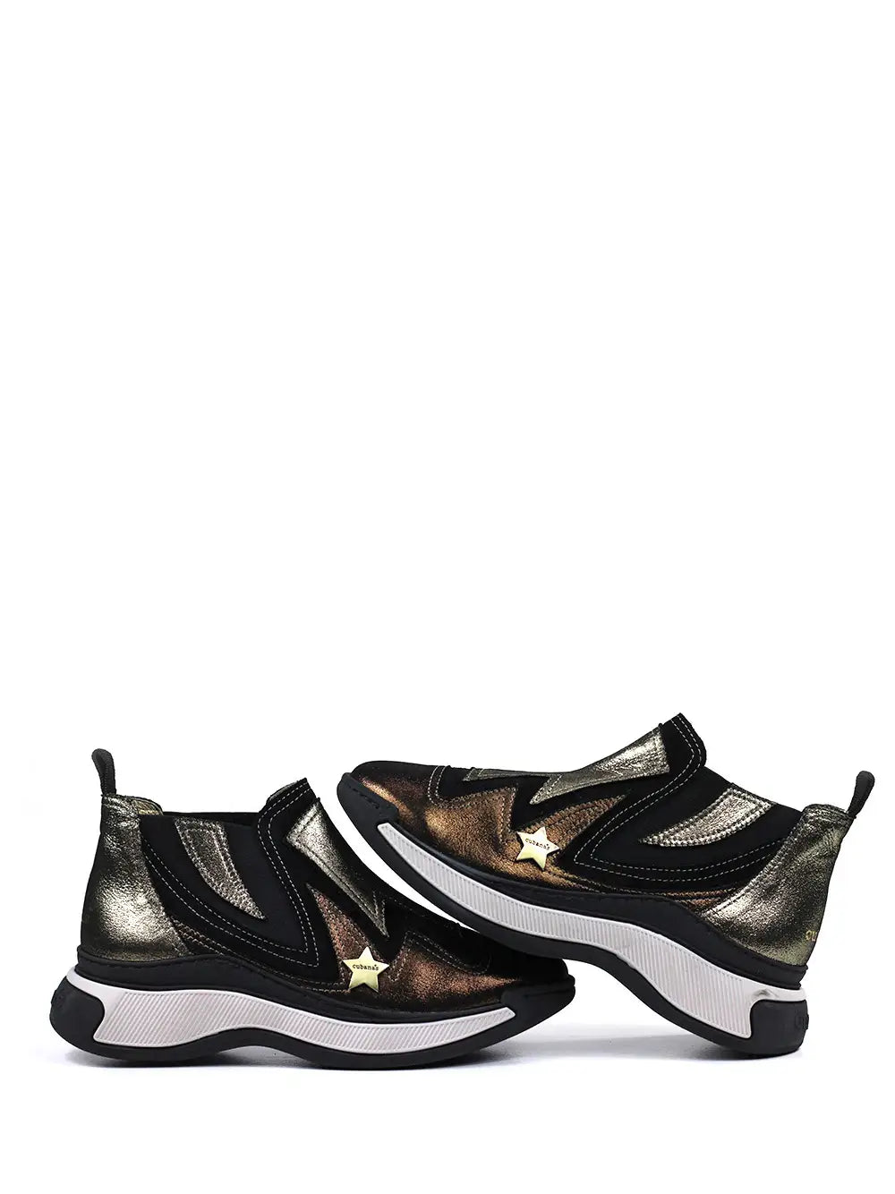 Ténis em Pele Dourada e Castanha Metalizada e Sola Volumosa