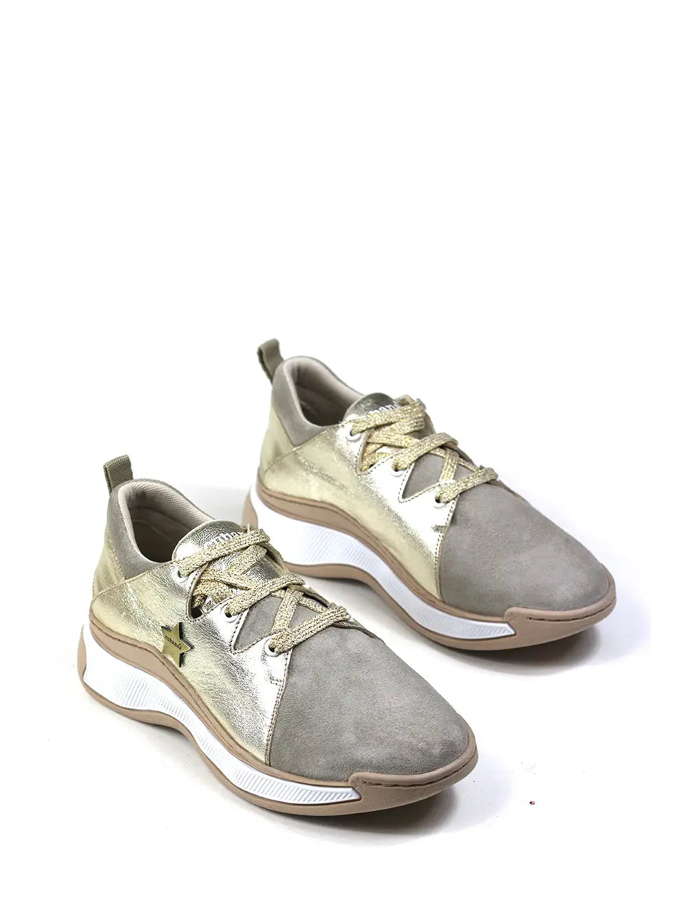 Gold Leather Sneakers with Laces and Chunky Sole