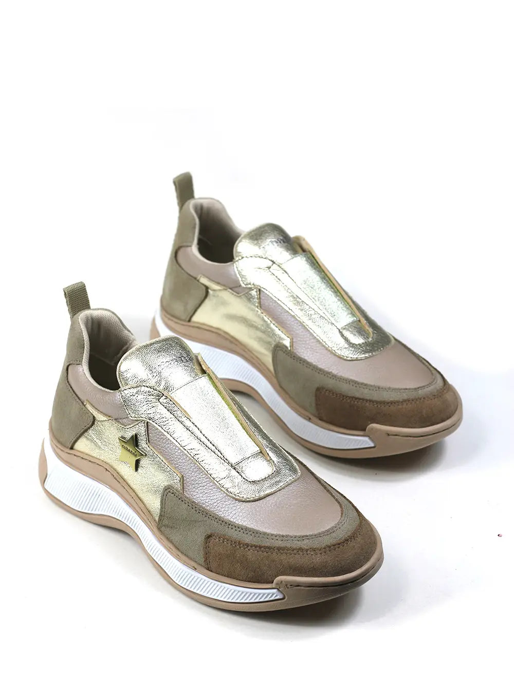 Beige Suede Sneakers with Gold Elastic and Chunky Sole