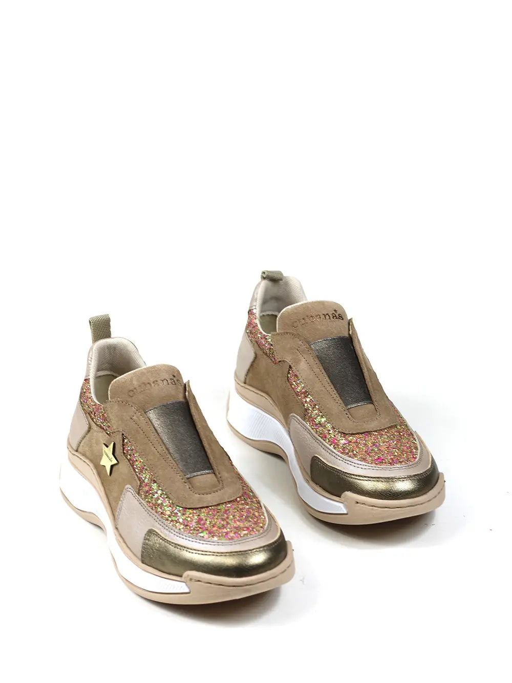 Zapatillas de Piel Beige con Glitter y Suela Voluminosa