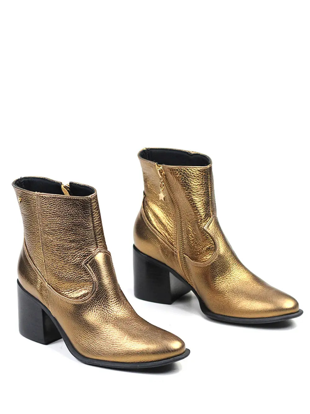 Bota em Pele Dourada Texturizada e Salto Em Bloco