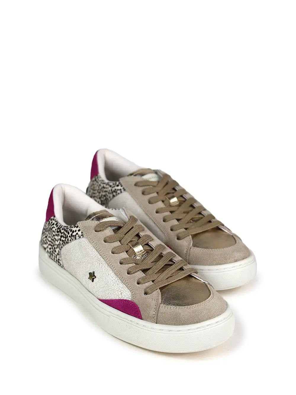 White Leather and Animal Print Fur Trainers