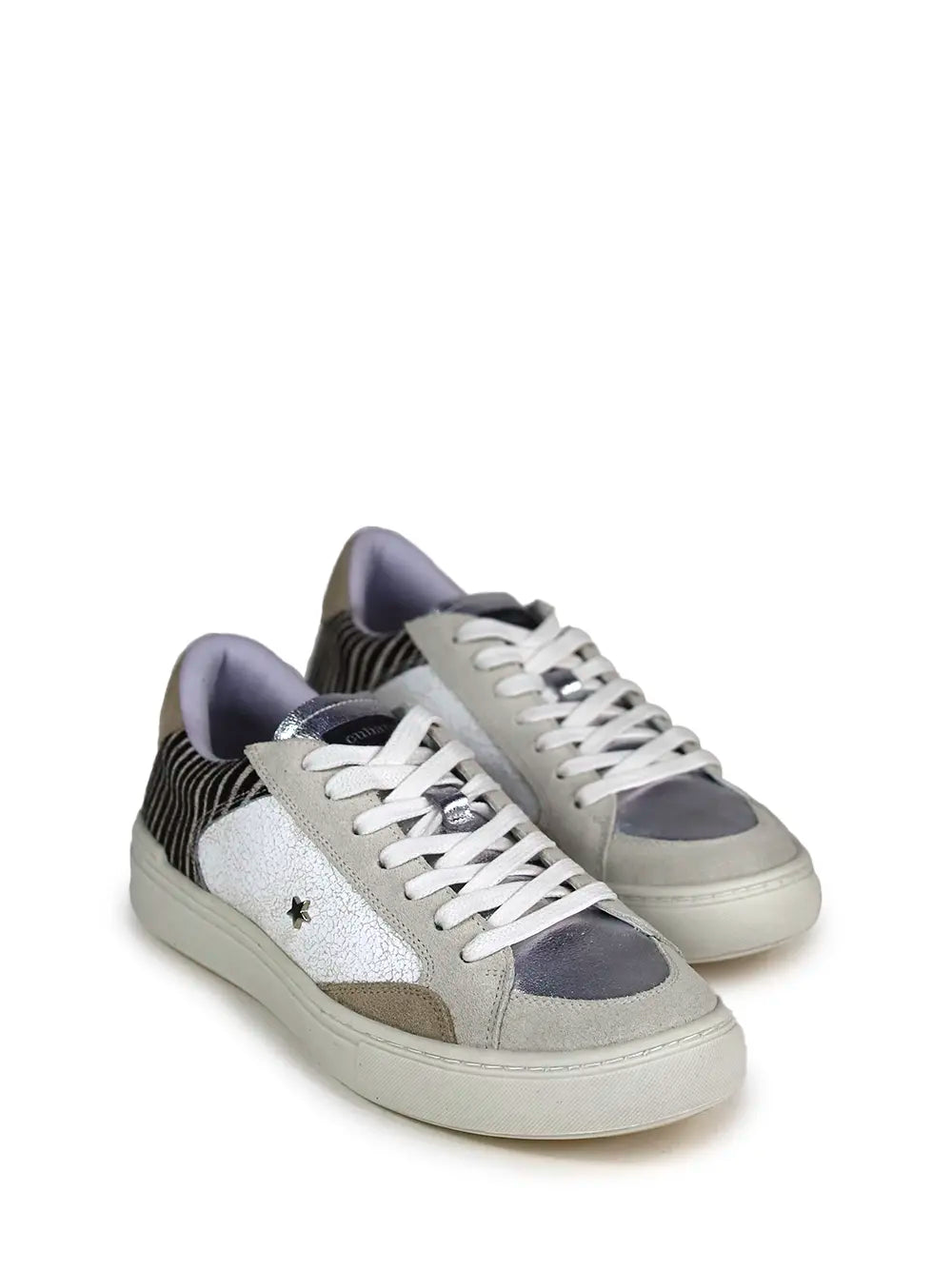 White Leather and Animal Print Fur Trainers