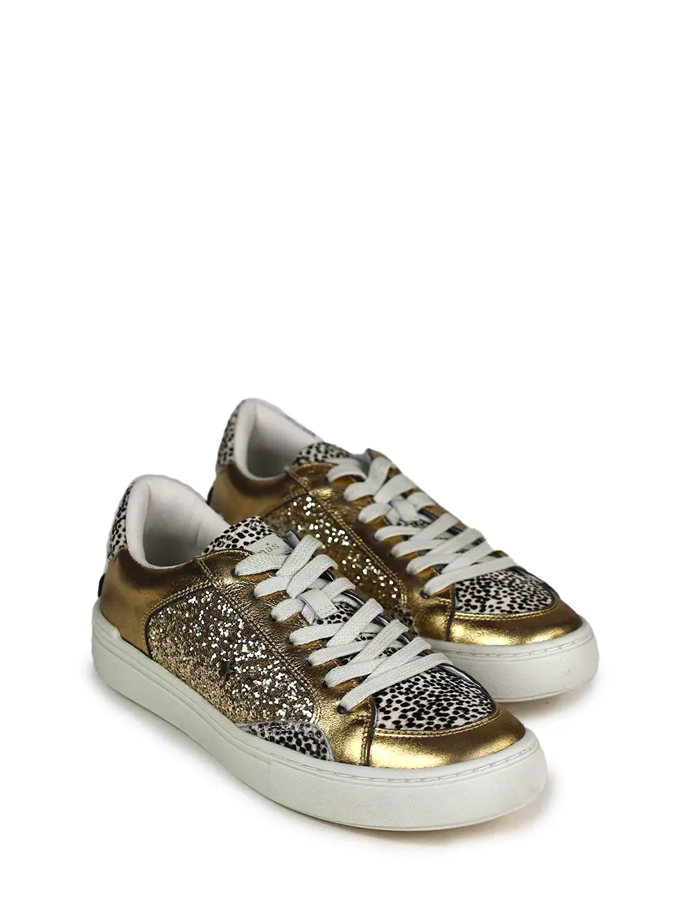 Gold Leather and Animal Print Fur Trainers
