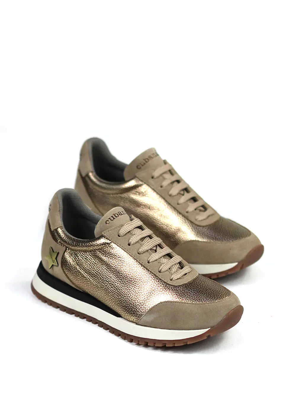 Baskets en Cuir Doré et Daim Beige
