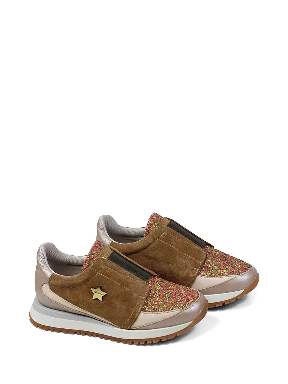 Beige Leather Sneakers with Camel Suede and Glitter