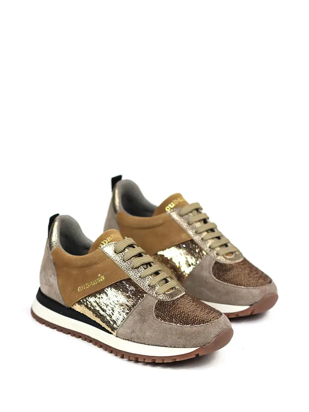 Ténis em Camurça Cinza e Glitter Dourado