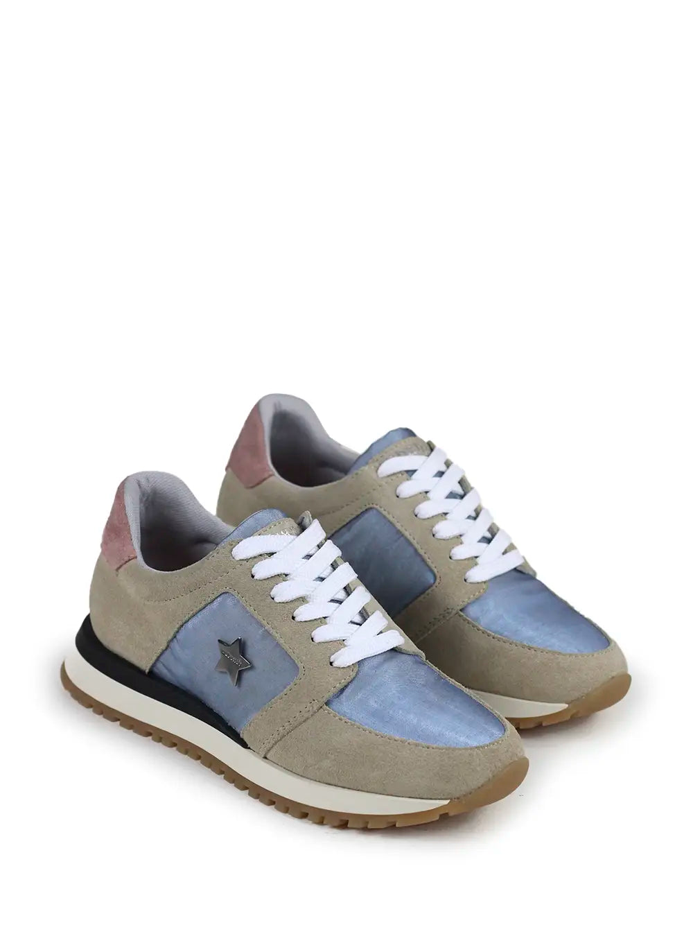 Sneakers aus blauem Stoff und beigem Wildleder