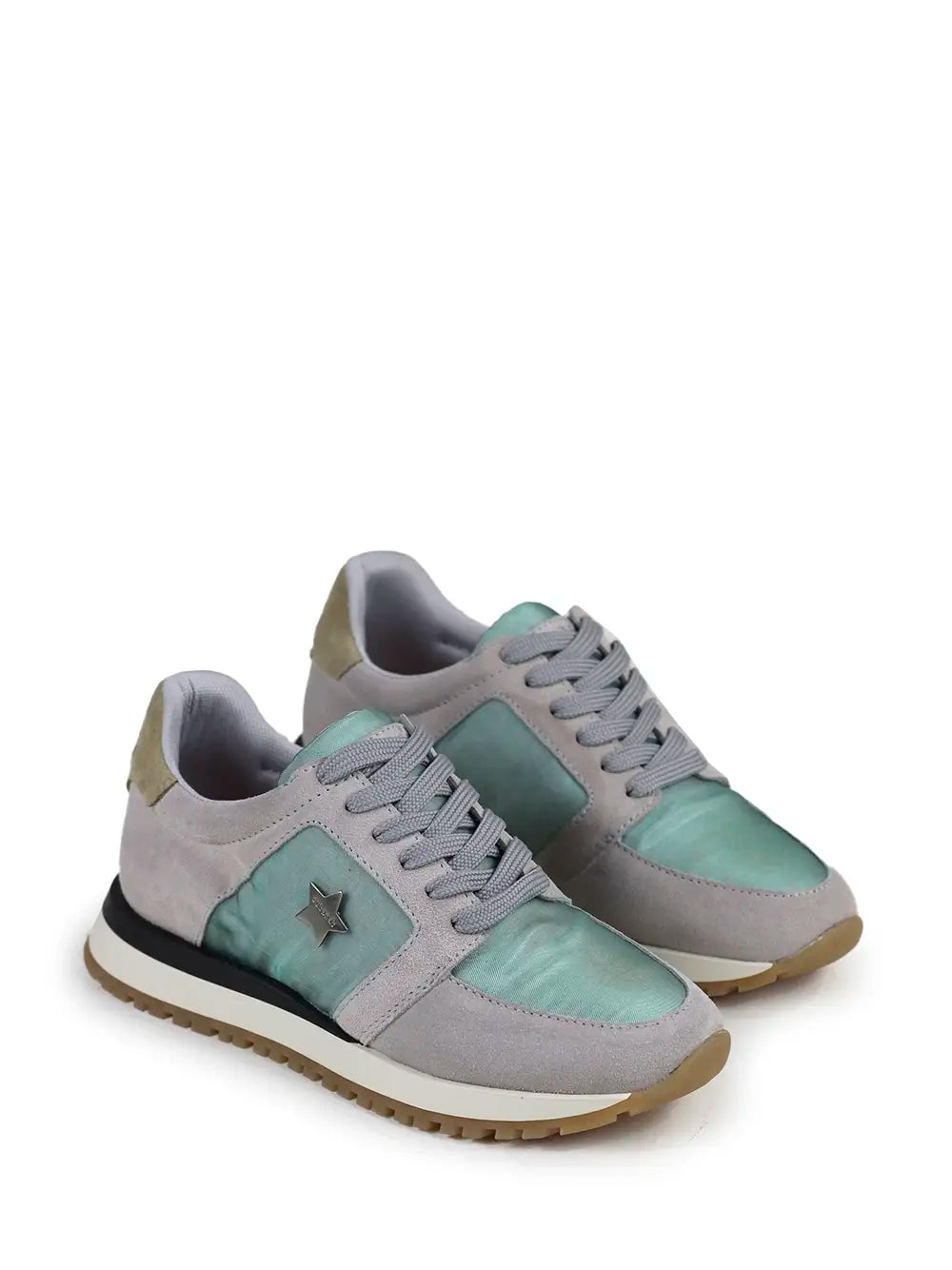 Ténis em Tecido Verde e Camurça Cinza