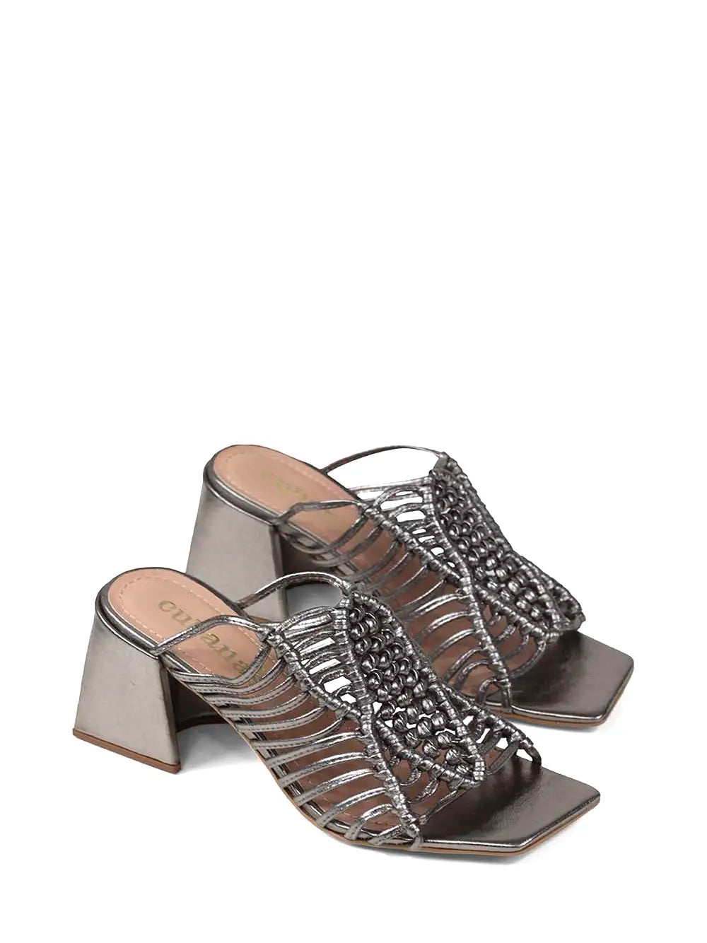 Silver Leather Sandals with Multiple Straps and Block Heel