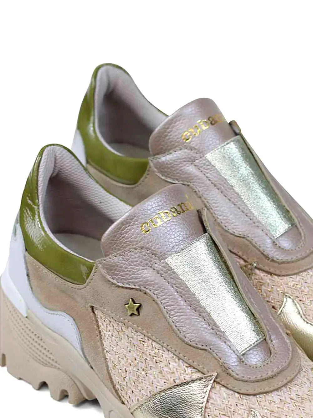 Beige Suede Trainers with Gold and Green Leather