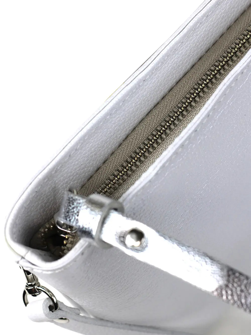 White Metallic Leather Bag with Shoulder Strap